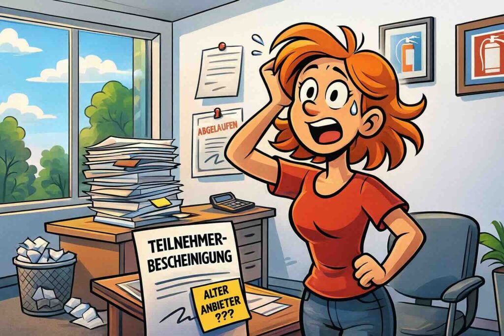 Cartoon-artige Illustration eines gestressten Verantwortlichen im Büro mit Unterlagen zur Brandschutzhelfer Auffrischung, Kalender und Fenster mit Blick ins Grüne, KI-generiert.