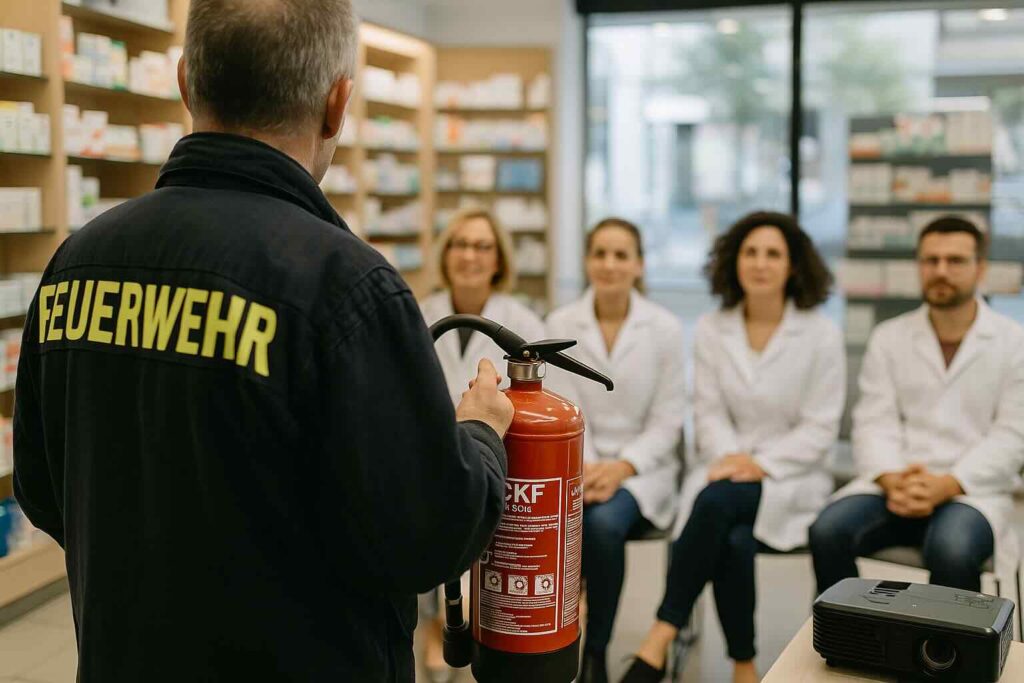 Berufsfeuerwehrmann zeigt einer Gruppe Apothekenmitarbeitender den Umgang mit dem Feuerlöscher während einer Inhouse-Brandschutzhelfer Ausbildung.