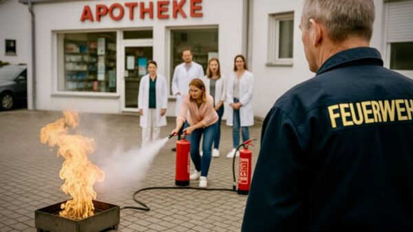 Berufsfeuerwehrmann zeigt Apothekenmitarbeitenden im Außenbereich einer Apotheke den sicheren Umgang mit dem Feuerlöscher während einer Inhouse-Brandschutzhelfer Ausbildung.