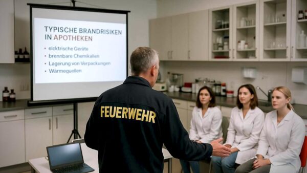 Berufsfeuerwehrmann erklärt Apothekenmitarbeitenden im Laborbereich einer Apotheke den theoretischen Teil der Brandschutzhelfer Ausbildung in der Apotheke, mit Beamer und Leinwand.