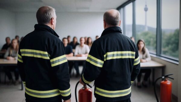 Berufsfeuerwehrmänner im Schulungsraum der Brandschutzhelfer Ausbildung Baden-Württemberg. Von hinten, echte Feuerlöscher vorne, unscharfe Teilnehmenden-Gruppe und Stuttgarter Fernsehturm im Fensterblick.