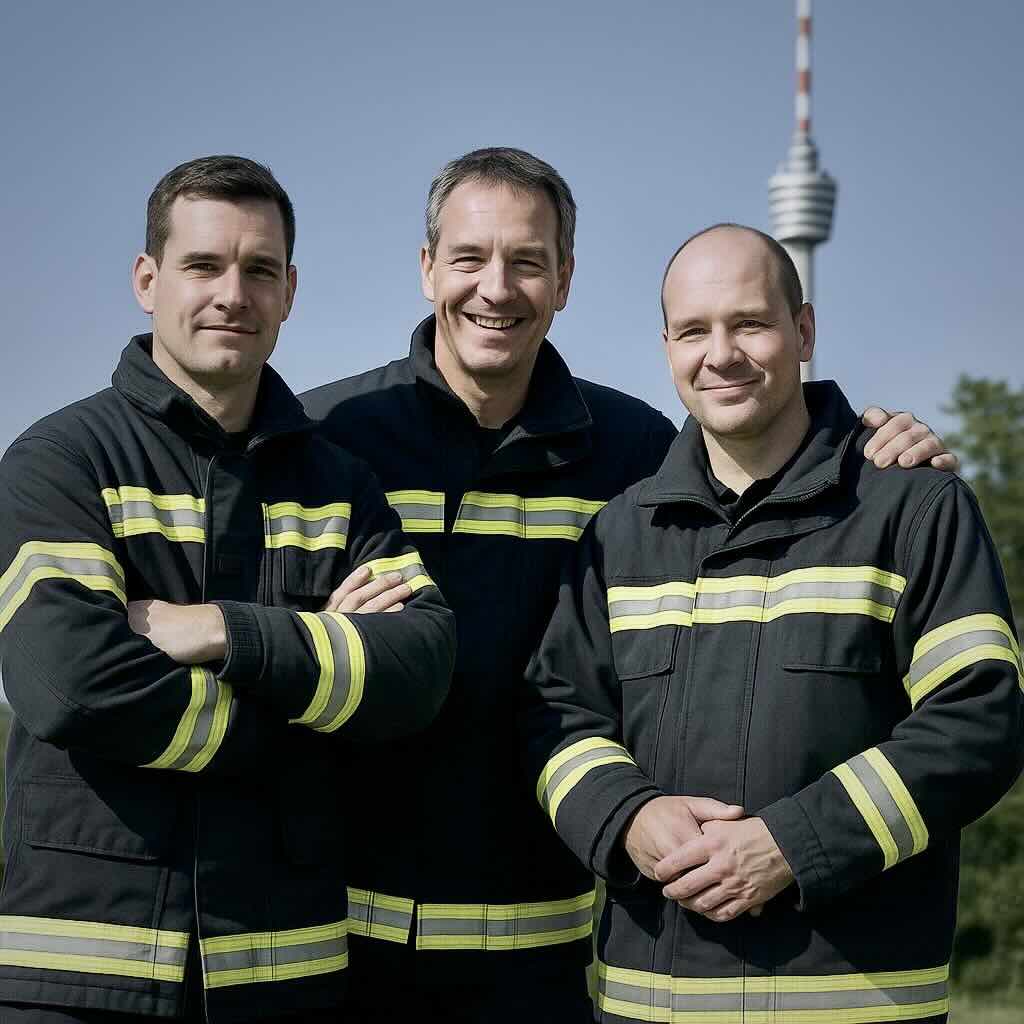 Drei Mitglieder eines Berufsfeuerwehrteams stehen im Freien, mit sichtbarem Stuttgarter Fernsehturm im Hintergrund – symbolisches KI-Bild für unser Ausbilderteam.