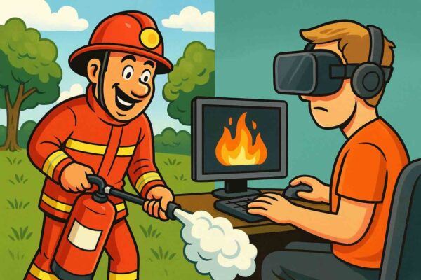 Humorvolle Illustration einer Brandschutzhelfer Übung in München: Feuerwehrmann löscht realistisch einen Grillbrand, während im Hintergrund eine virtuelle Szene absurd dargestellt ist – Hinweis auf die Sinnlosigkeit rein digitaler Löschübungen.