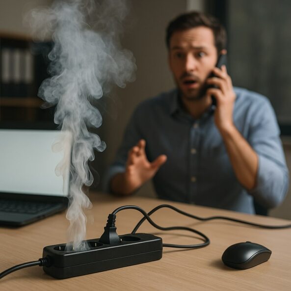 Rauchentwicklung am Arbeitsplatz durch defektes Netzteil – Beispiel für Brandursache im Büro