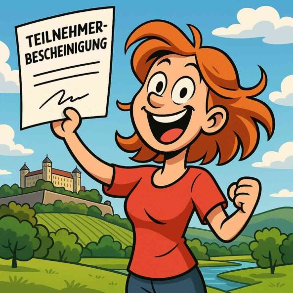 Cartoon-Figur hält stolz eine Teilnehmerbescheinigung einer Brandschutzhelfer Auffrischung hoch – symbolisiert erfolgreiche, rechtssichere Wiederholungsschulung (KI-generiert).