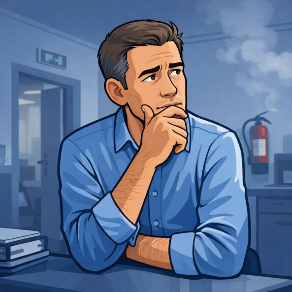 Nachdenklicher Verantwortlicher im Betrieb prüft, ob eine Auffrischung für Brandschutzhelfer aktuell notwendig ist