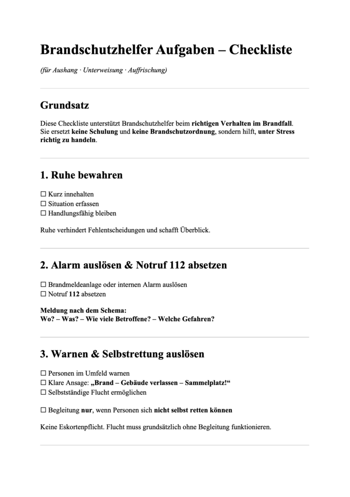 Vorschau der Brandschutzhelfer Aufgaben Checkliste mit den wichtigsten Maßnahmen im Brandfall