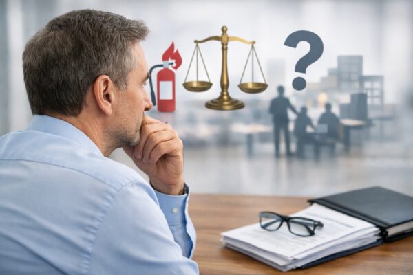 Verantwortliche Person denkt über Haftung und Verantwortung im betrieblichen Brandschutz nach