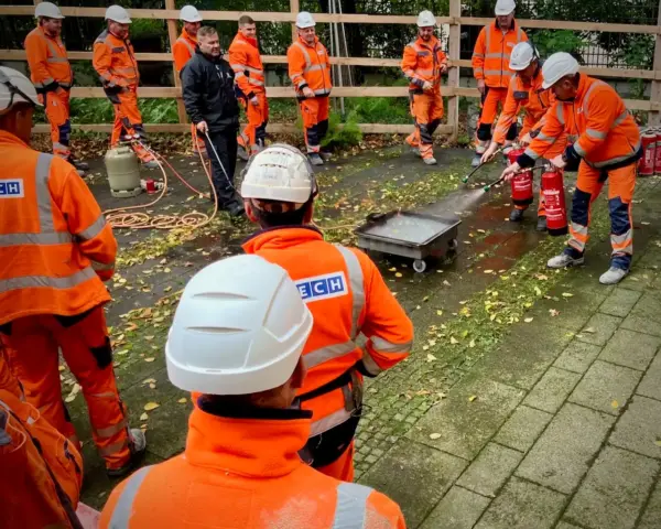 Brandschutzhelfer-Kurs mit Bauarbeiter, bei einer praktischen Löschübung auf einer Baustelle