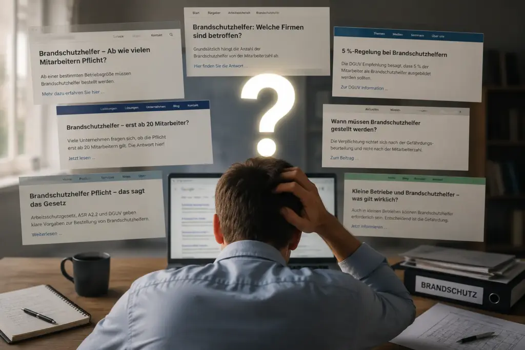Unternehmer recherchiert die Brandschutzhelfer-Pflicht und findet unterschiedliche Aussagen zur gesetzlichen Verpflichtung.