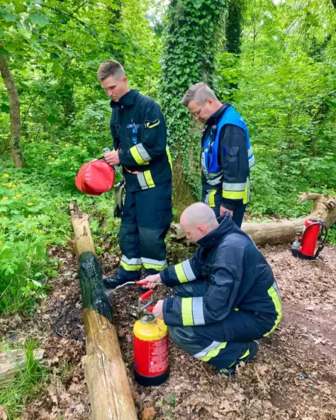 Oberbrandmeister Thomas Till und zwei Kollegen löschen einen kleinen Entstehungsbrand an einem Baumstamm. Das Bild veranschaulicht die Möglichkeiten einer frühen Brandbekämpfung durch gut ausgebildete Brandschutzhelfer.
