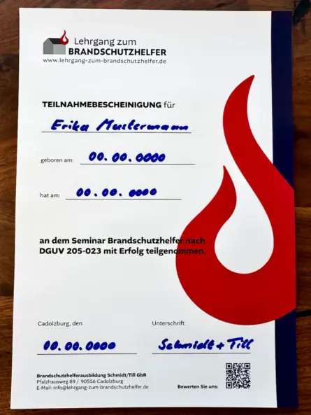Original-Zertifikat einer Brandschutzhelfer-Ausbildung nach DGUV Information 205-023 ohne Ablauf- oder Gültigkeitsdatum.