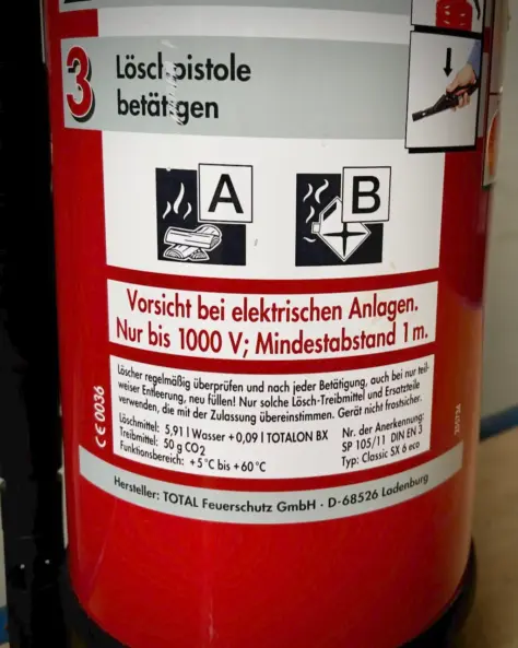 Brandschutzhelfer Aufgaben: Feuerlöscher bei elektrischen Anlagen bis 1000 Volt mit vorgeschriebenem Mindestabstand einsetzen