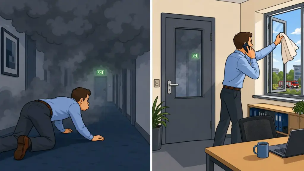 Geteilte Illustration: Mann kriecht mit angehaltenem Atem durch einen verrauchten Flur, während er sich rechts hinter einer geschlossenen Tür im rauchfreien Büro bemerkbar macht