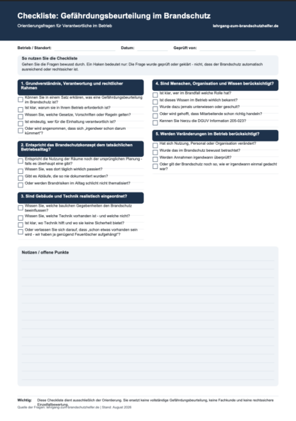 Vorschaubild der Checkliste zur Gefährdungsbeurteilung im Brandschutz