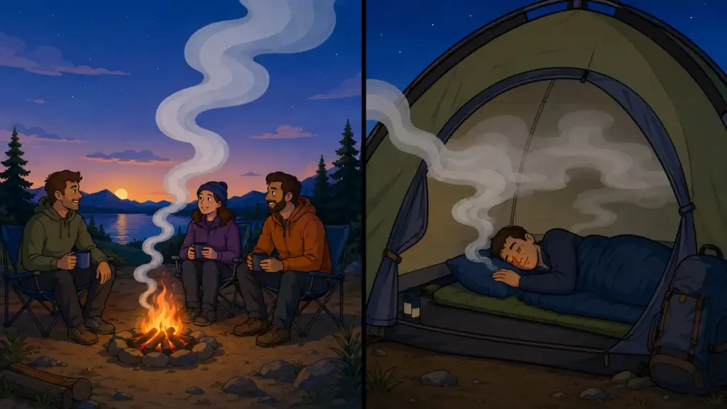Illustration zu eingeatmetem Lagerfeuer-Rauch: Erwachsene sitzen im Freien am Lagerfeuer, während Rauch in ein nahes Zelt mit einer schlafenden Person zieht