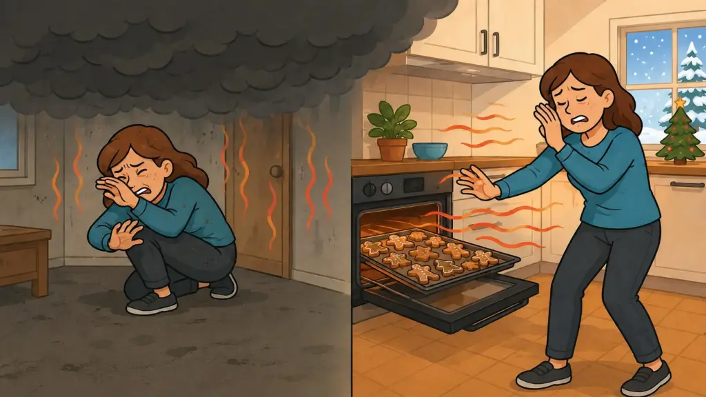 Illustration: Person weicht unter einer Rauchschicht wegen großer Hitze zurück, daneben ein geöffneter Backofen mit Weihnachtsplätzchen zur Verdeutlichung der Temperaturverhältnisse