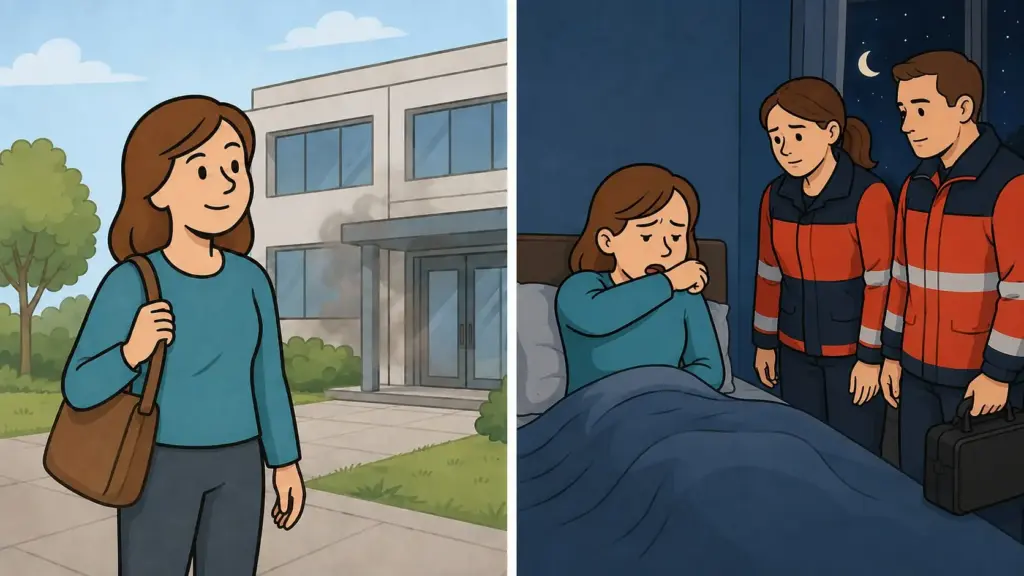 Illustration zur Rauchvergiftung: Frau wirkt nach Rauchkontakt zunächst beschwerdefrei und wird später hustend von Sanitätern im Bett versorgt