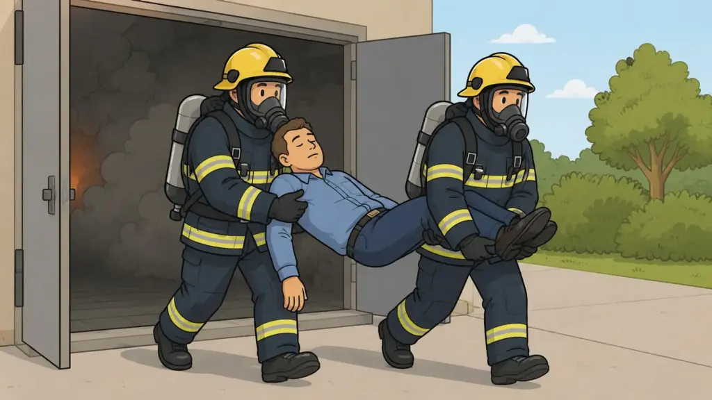 Illustration zur Rauchvergiftung: Zwei Feuerwehrleute unter Atemschutz tragen eine geschwächte Person aus einem verrauchten Brandraum