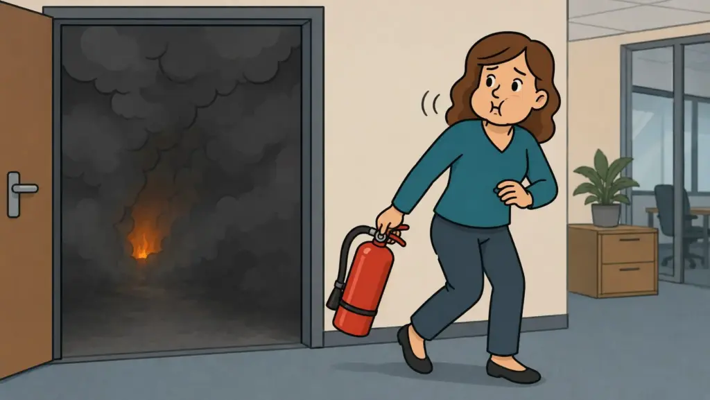 Illustration zur Rauchvergiftung: Frau hält mit aufgeblähten Backen die Luft an und geht mit einem Feuerlöscher von einem verrauchten Raum weg