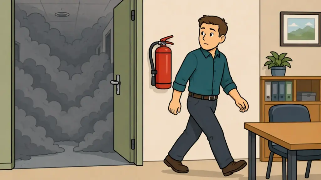 Illustration: Dichter Rauch versperrt einen Flur, während ein Mann am Feuerlöscher vorbeigeht und den Bereich verlässt