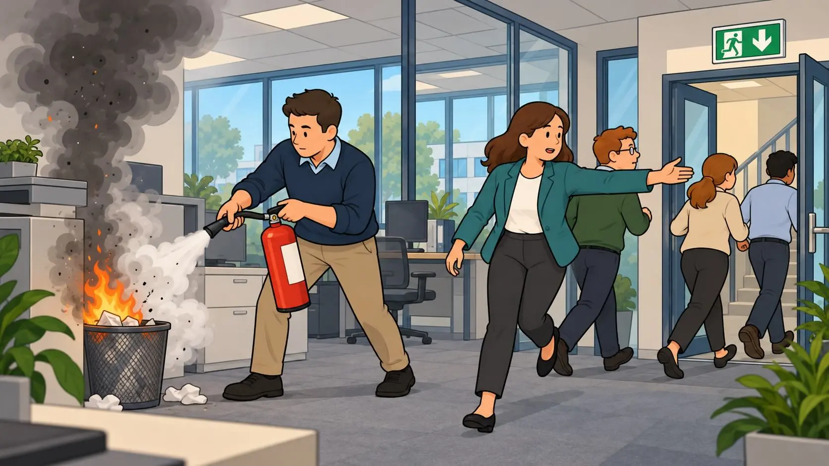 Ein Brandschutzhelfer löscht einen Entstehungsbrand im Büro, während gleichzeitig Beschäftigte zum Ausgang und aus dem Gefahrenbereich geführt werden.