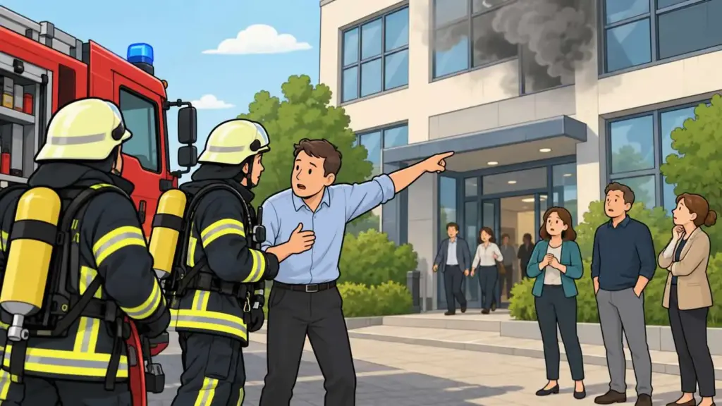 Evakuierungshelfer informiert die eintreffende Feuerwehr bei einem Brand im Betrieb und zeigt auf den betroffenen Gebäudebereich.
