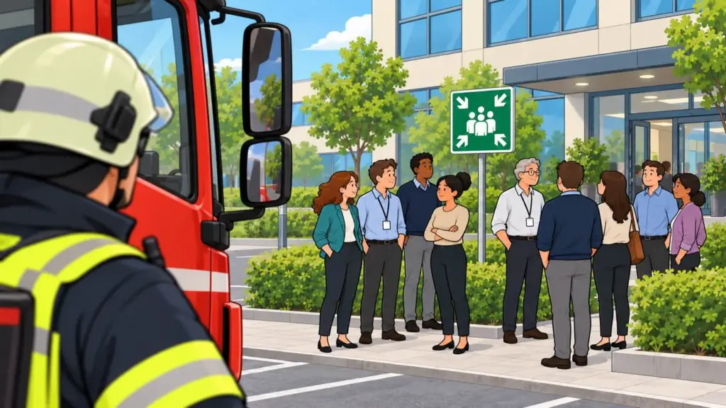 Blick eines Feuerwehr-Gruppenführers auf entspannt wartende Beschäftigte am Sammelpunkt vor einem Betriebsgebäude.